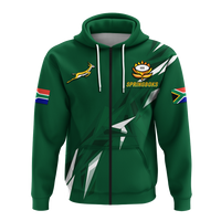 Green pullover hoodie with Springboks emblem, front geometric panel, and hood drawstrings