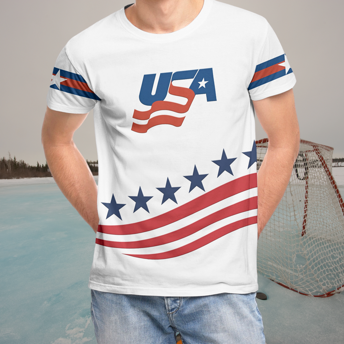 White ice hockey pride T-shirt with USA flag logo in blue, red, and stars