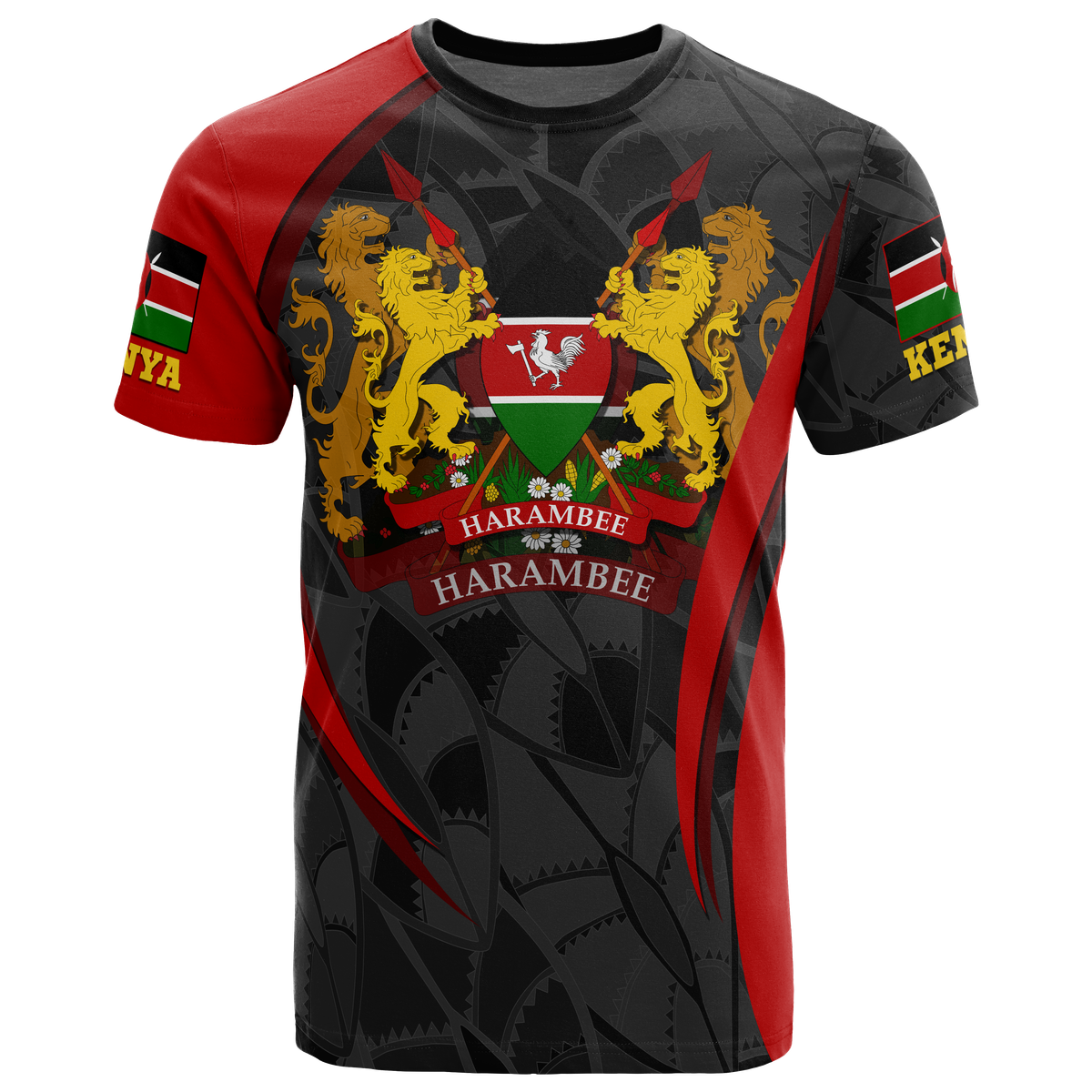 Kenya crest graphic T-shirt in red and black with lions, shield, and “Harambee”