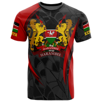 Kenya crest graphic T-shirt in red and black with lions, shield, and “Harambee”