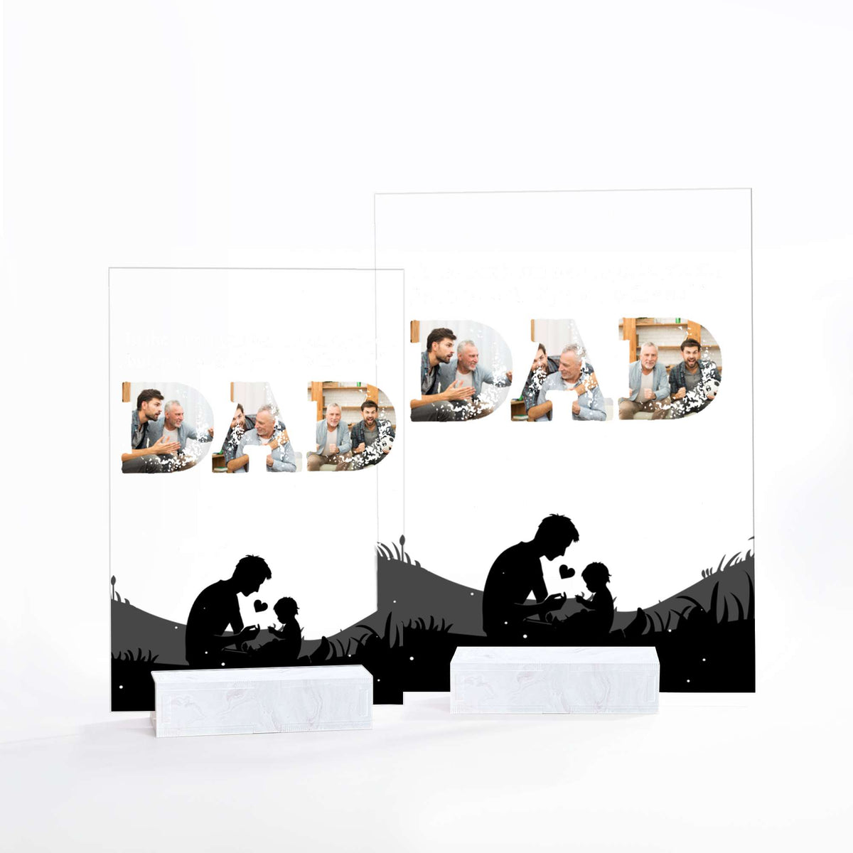 Acrylic table sign with clear panel, dad photo collage, and silhouette scene