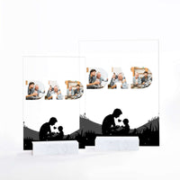Acrylic table sign with clear panel, dad photo collage, and silhouette scene
