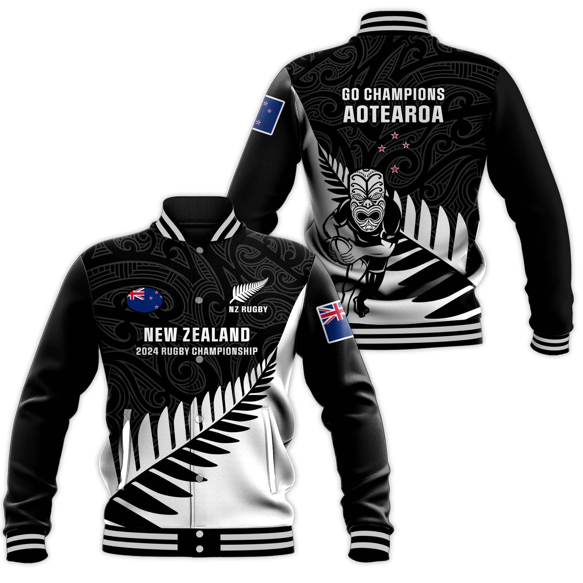 New Zealand Silver Fern Rugby Baseball Jacket All Black 2023 Go Champions Maori Pattern - Wonder Print Shop