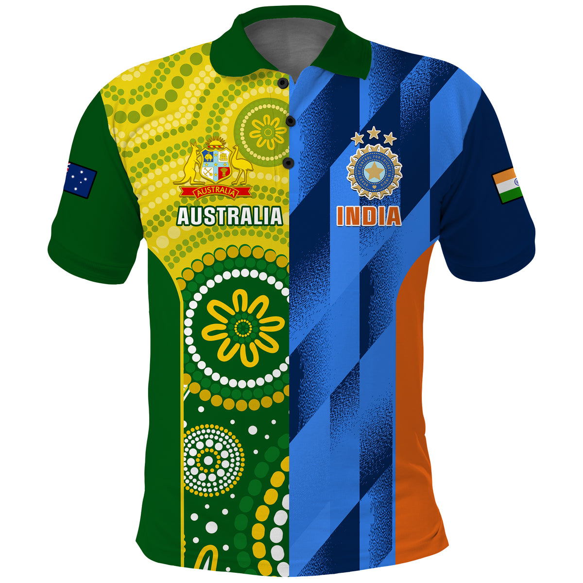 Cricket polo shirt, green and blue split design with Australia and India emblems
