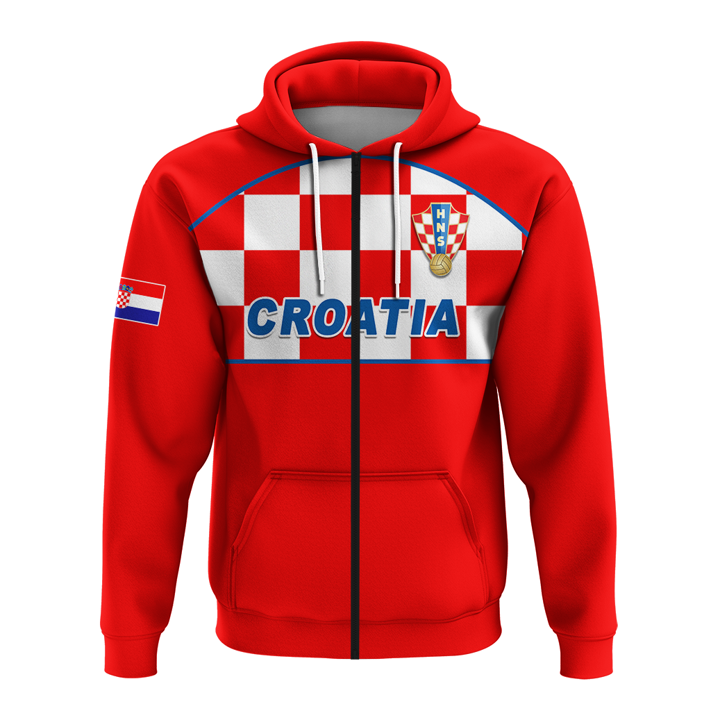 Red hoodie with Croatia checkerboard front, drawstring hood, and kangaroo pocket.