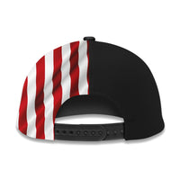 Black baseball cap back with red and white striped crown and snapback strap