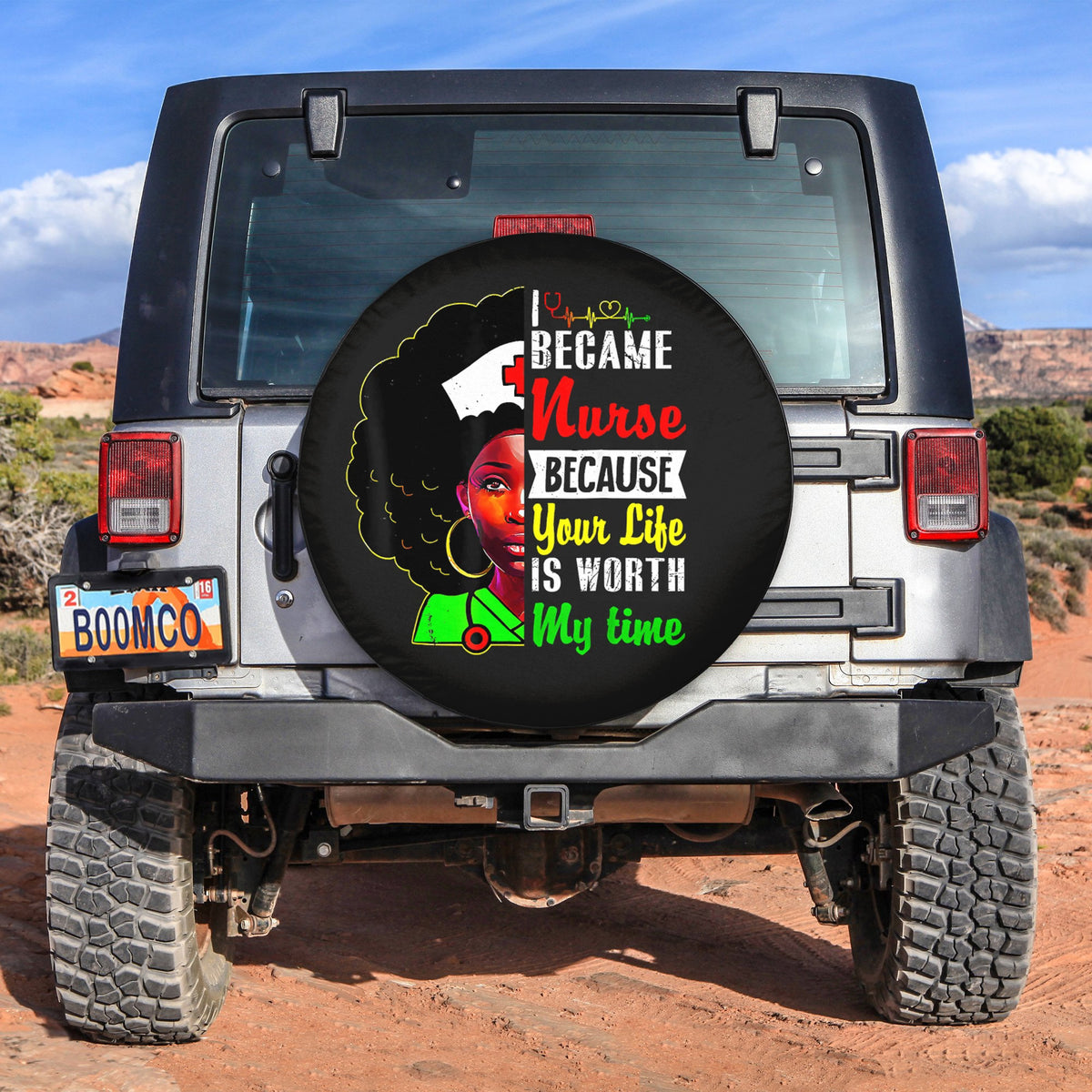 Spare tire cover with colorful nurse-themed design and text on a dark background