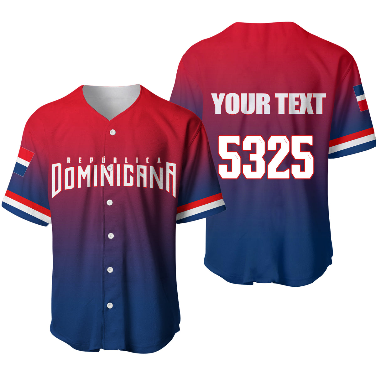 Red and blue baseball jersey with button placket, striped sleeves, and front Dominican print