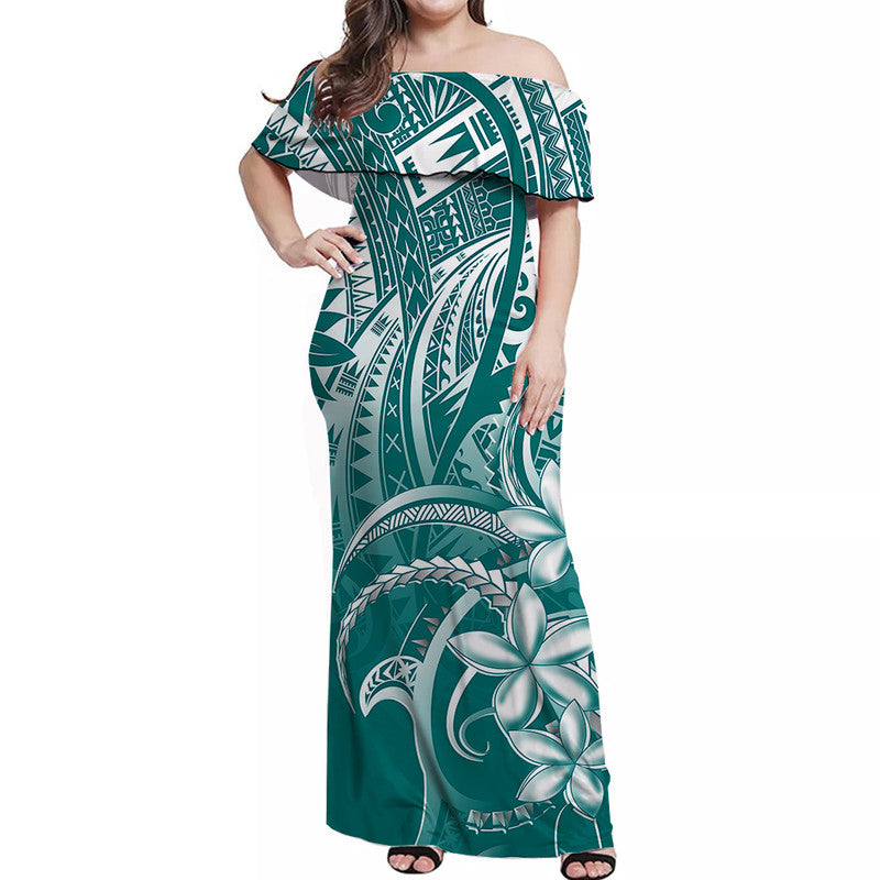 Off-shoulder maxi dress, teal-turquoise with white tribal floral pattern