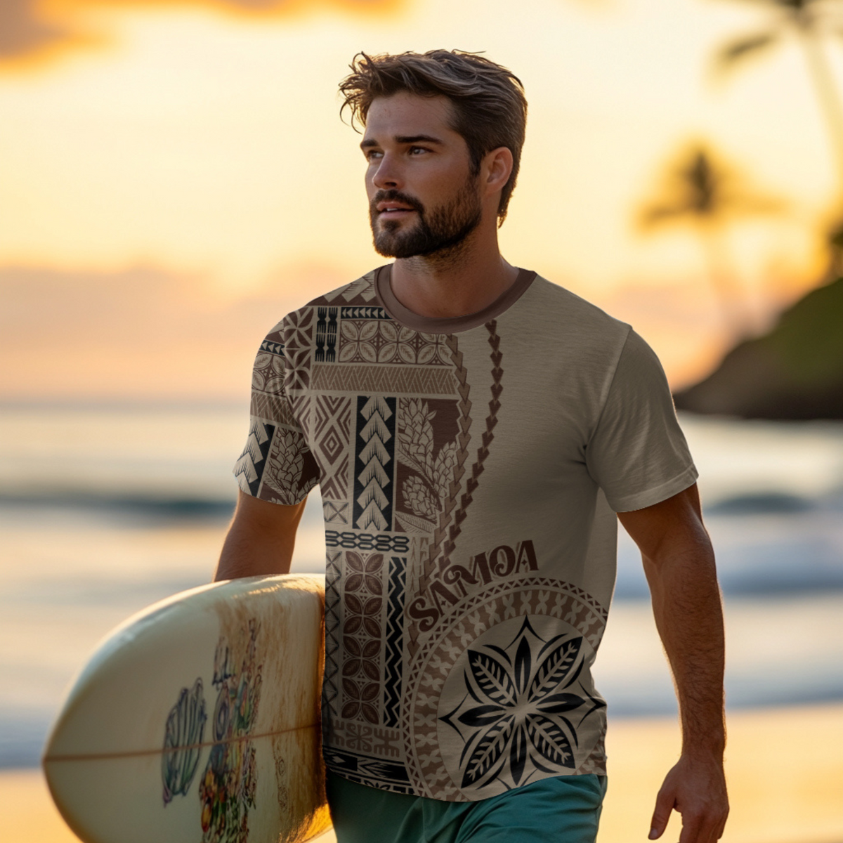 Beige T-shirt with centered siapo motif stripe and large leaf graphic