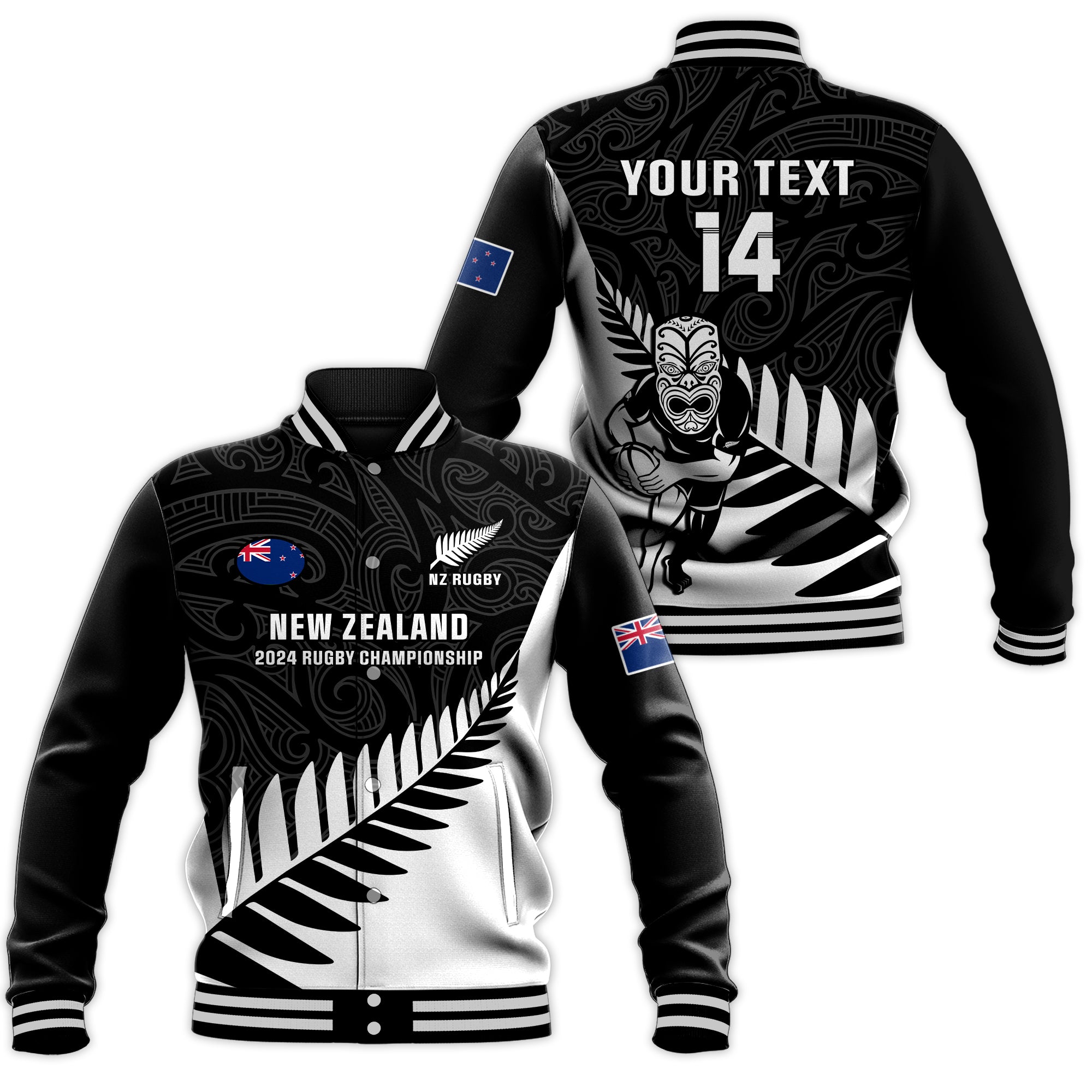 Personalised New Zealand Silver Fern Rugby Baseball Jacket All Black 2024 Go Champions Maori Pattern - Wonder Print Shop