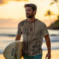 Beige T-shirt with centered siapo motif stripe and large leaf graphic