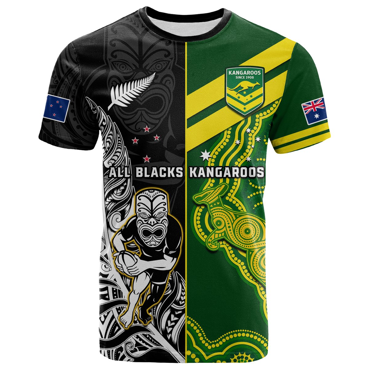 Green and black rugby t-shirt with tribal print, kangaroos badge and 'ALL BLACKS' text