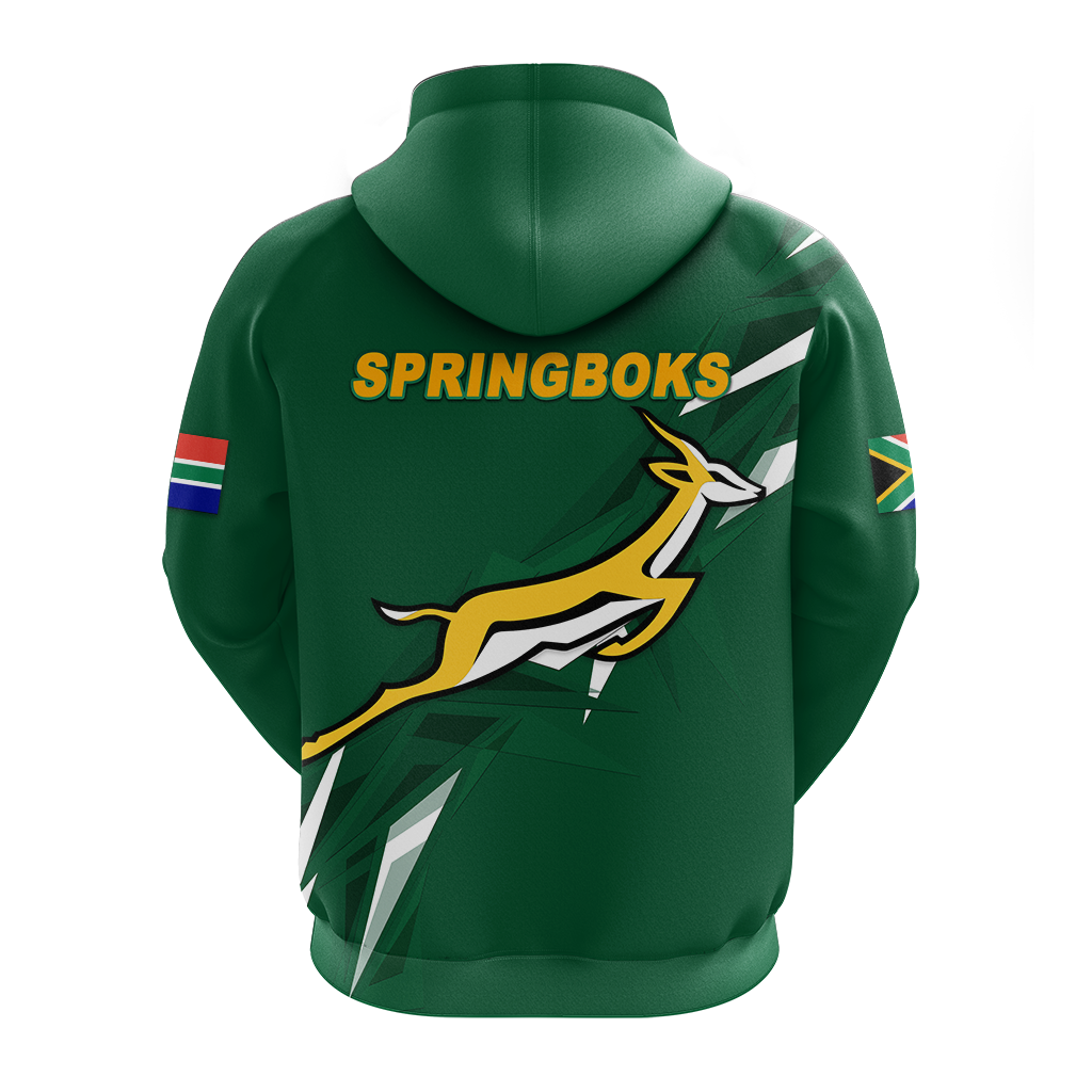Green pullover hoodie with SPRINGBOKS text, jumping antelope graphic, and hood