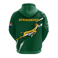 Green pullover hoodie with SPRINGBOKS text, jumping antelope graphic, and hood