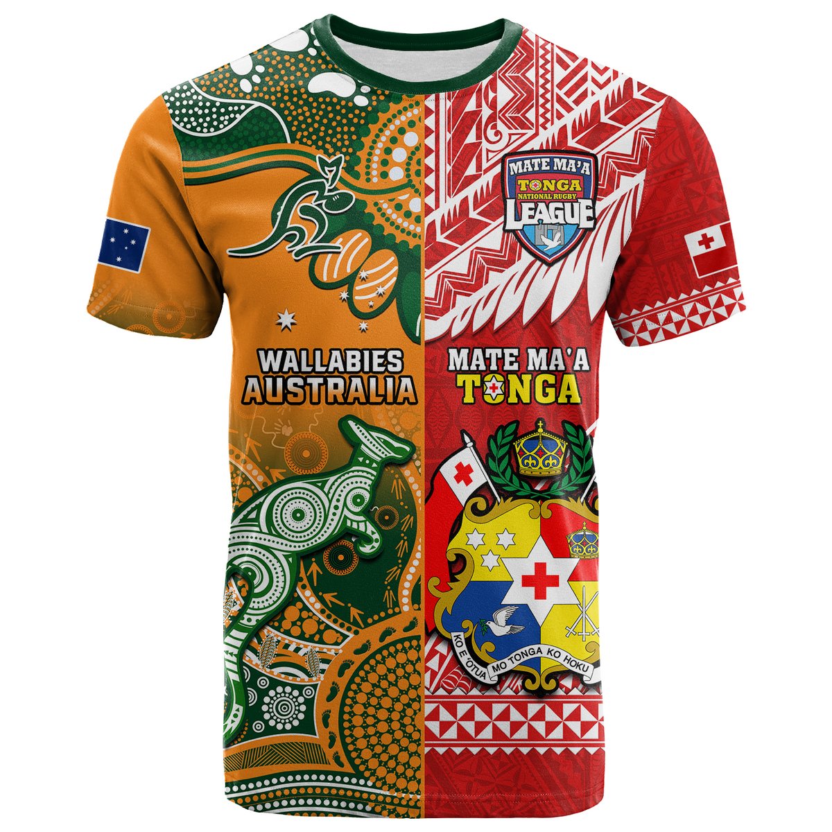 Orange and red rugby T-shirt with green collar, country crests and bold tribal blocks