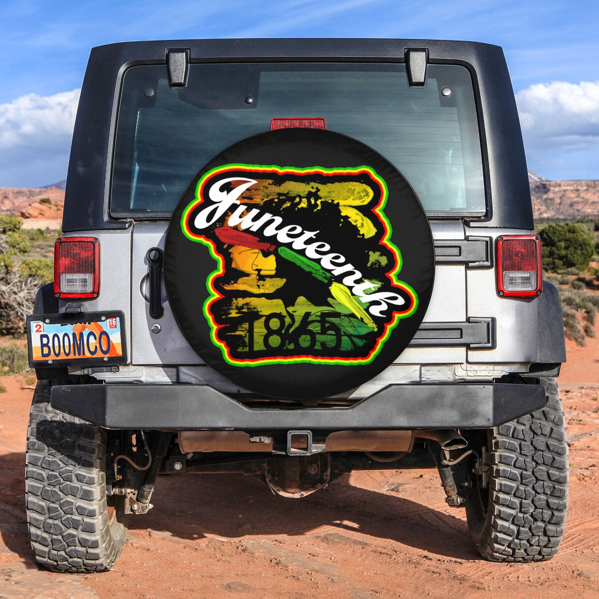 Black spare tire cover with Juneteenth 1865 colorful emblem