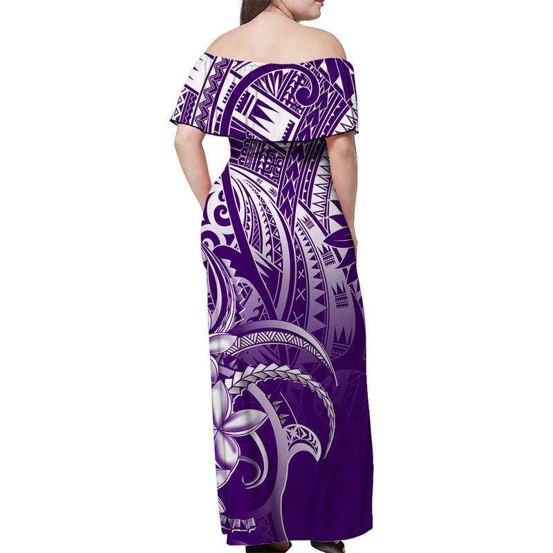Off-shoulder long purple dress, back view with white tribal print and wide short sleeves.