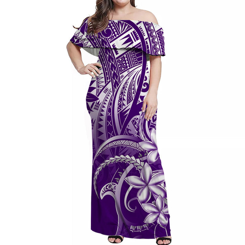 Off-shoulder long purple dress with white tribal print and wide short sleeves.