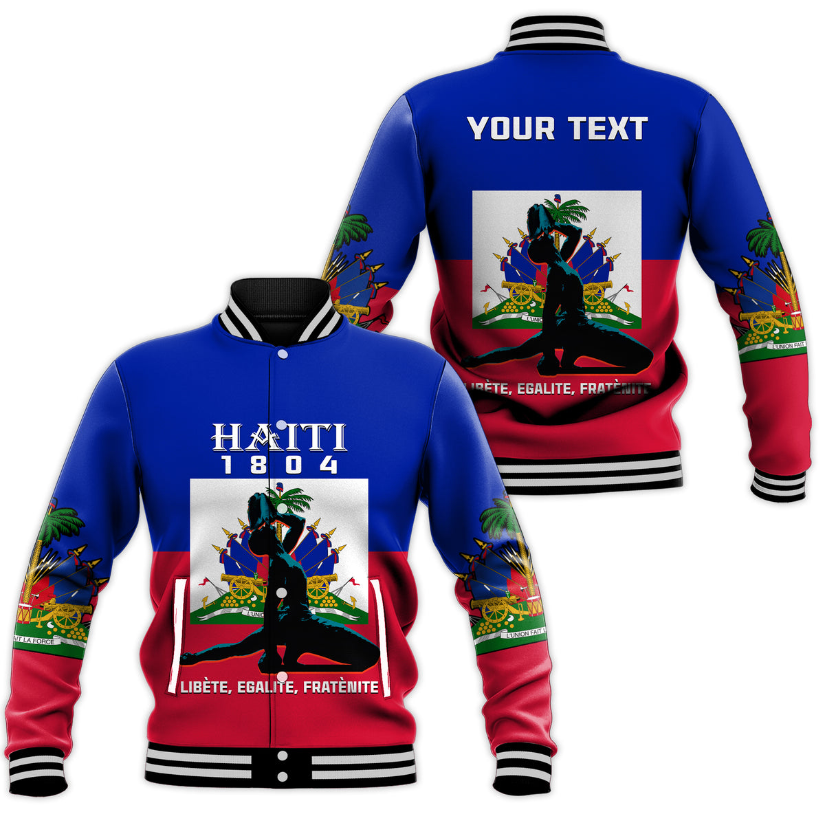 Blue baseball jacket with red panels, ribbed trim, and Haitian flag graphic front/back