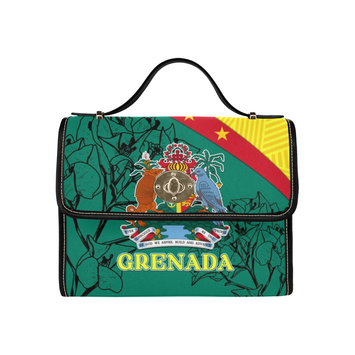 Green canvas satchel with black trim, top handle, coat of arms crest on front