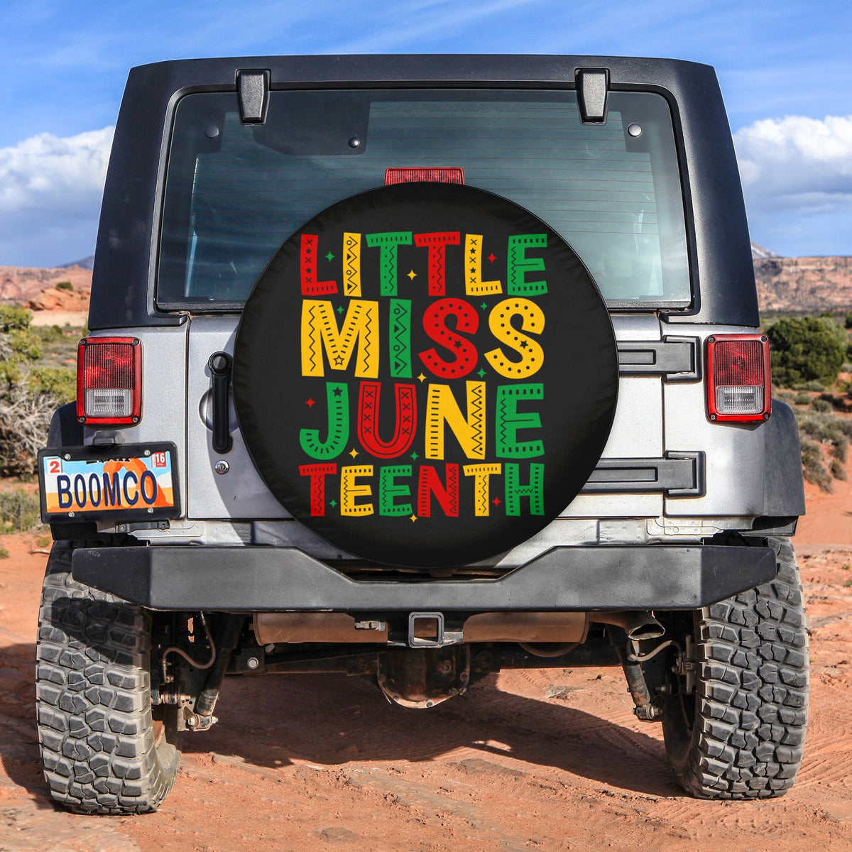 Juneteenth-themed spare tire cover with Little Miss Juneteenth text and colorful pattern