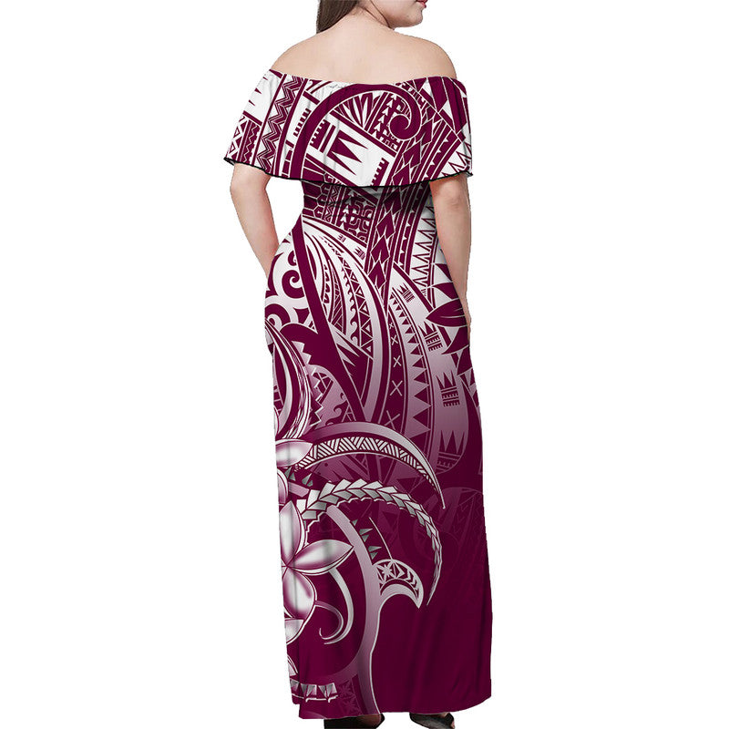 Back view off-shoulder maxi dress with tribal print in maroon, pink, and white.