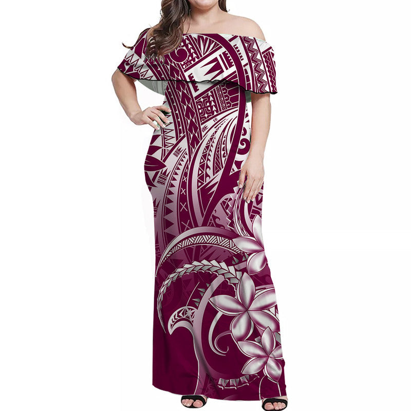 Off-shoulder maxi dress with tribal print in maroon, pink, and white.