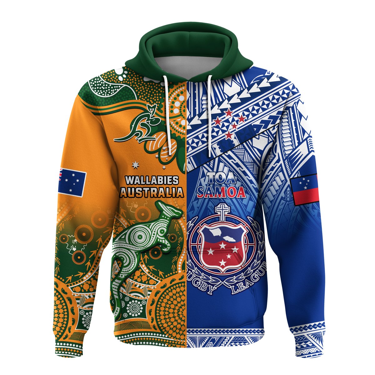 Pullover rugby hoodie with green hood, multicolor tribal print and crest front.
