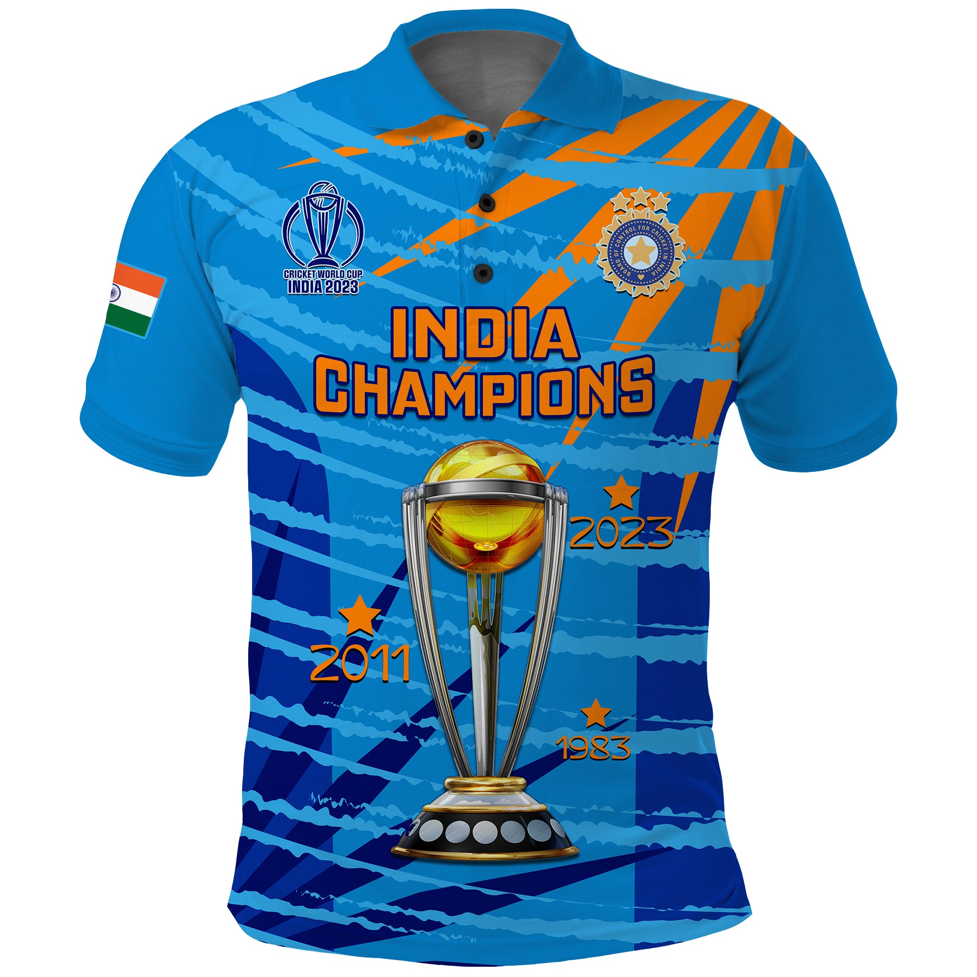 Custom India Cricket Polo Shirt Men In Blue 3rd Champions World Cup Trophy - Wonder Print Shop