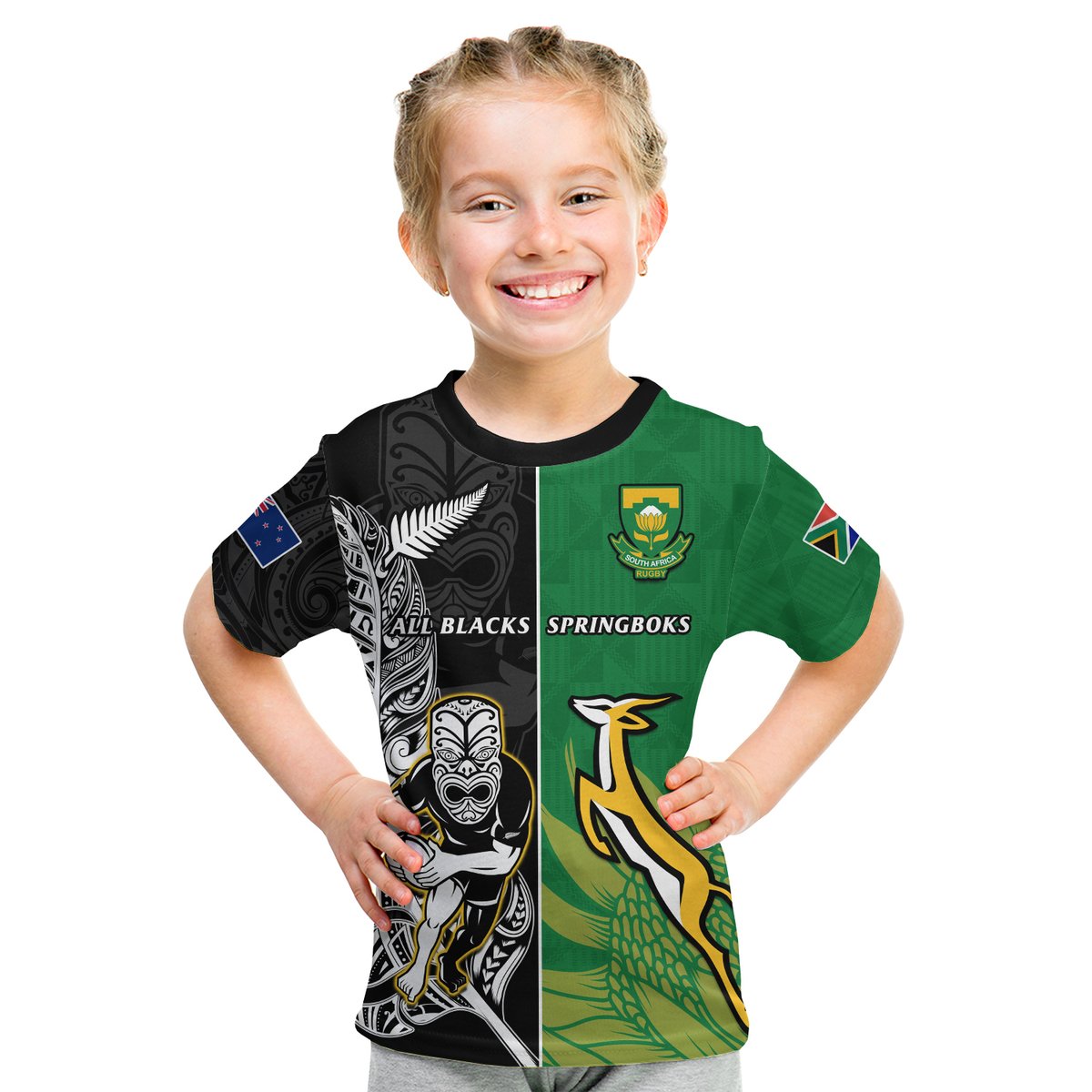 Kids rugby T-shirt, black and green with Maori-style graphic and team logos