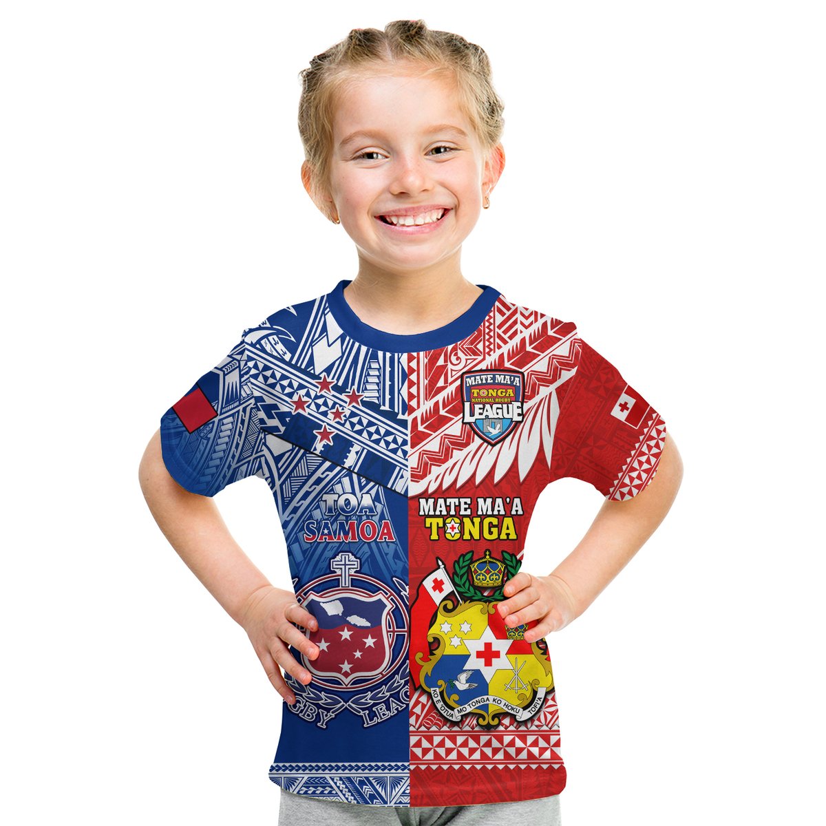 Kids polynesian rugby T-shirt with red and blue tribal panels and crest logo