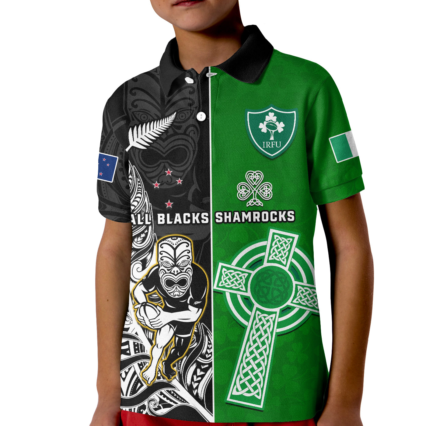 Custom New Zealand Ireland Rugby Polo Shirt KID All Black Maori Mix Shamrocks - Wonder Print Shop