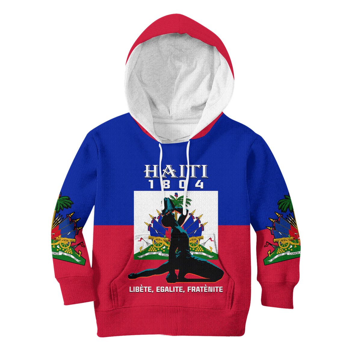 Kids' Haiti graphic hoodie with blue body, red cuffs, and Haitian flag chest print