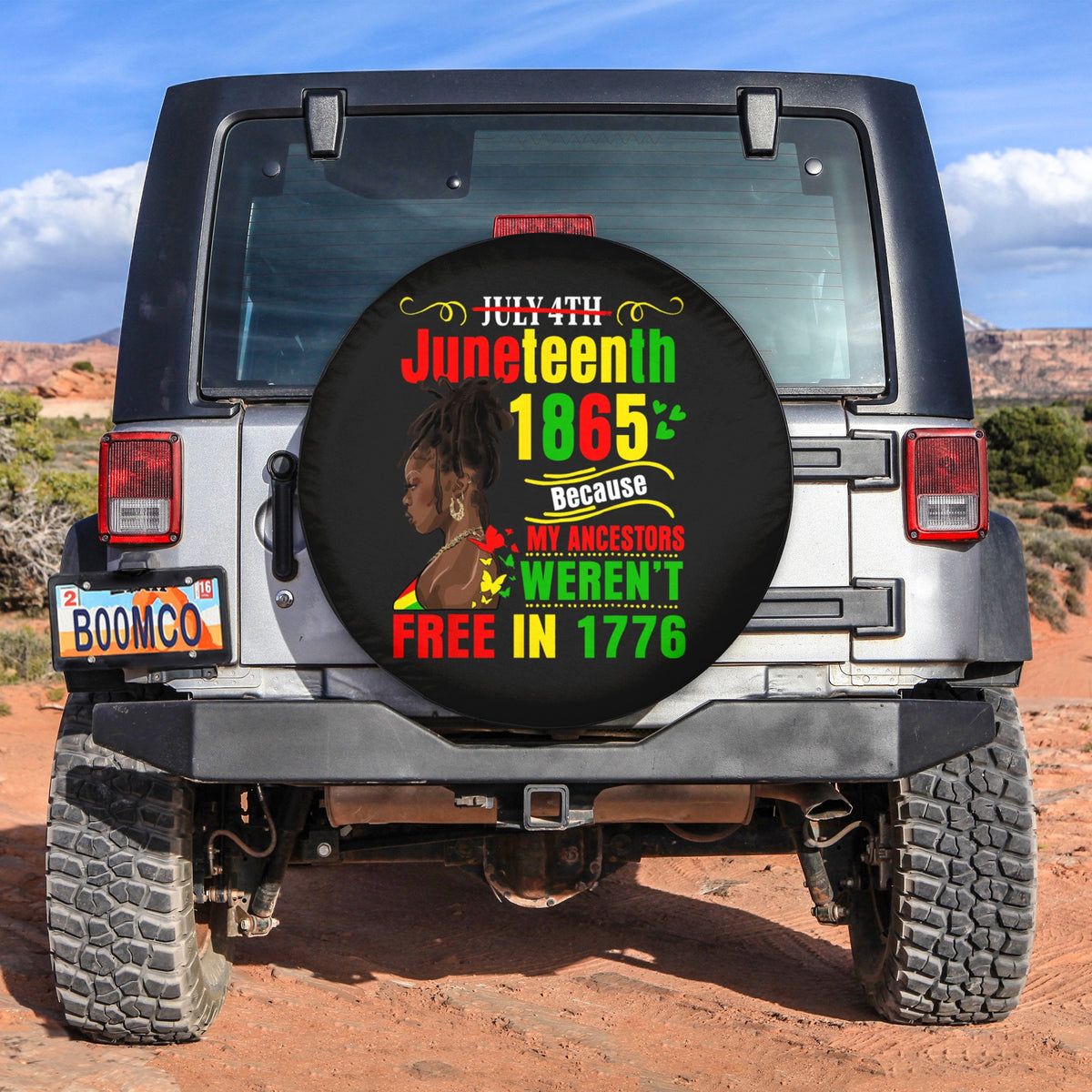 Black Juneteenth 1865 spare tire cover with “Because My Ancestors Weren’t Free” text