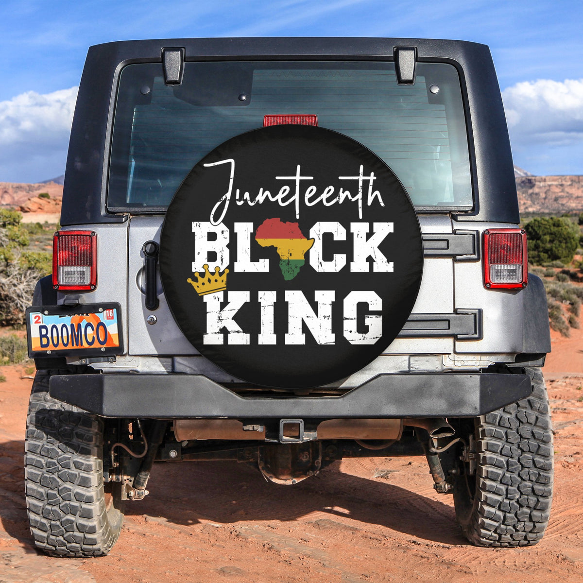 Spare tire cover in black with “Juneteenth Black King” design