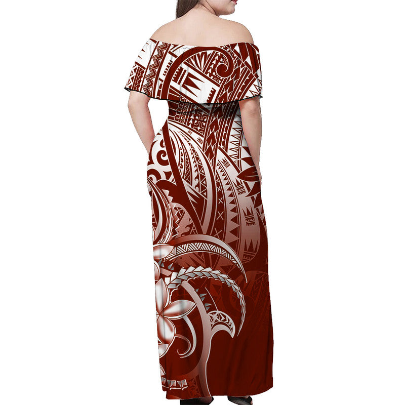 Women’s off-shoulder long dress, back view, tribal print in red and white