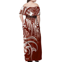 Women’s off-shoulder long dress, back view, tribal print in red and white