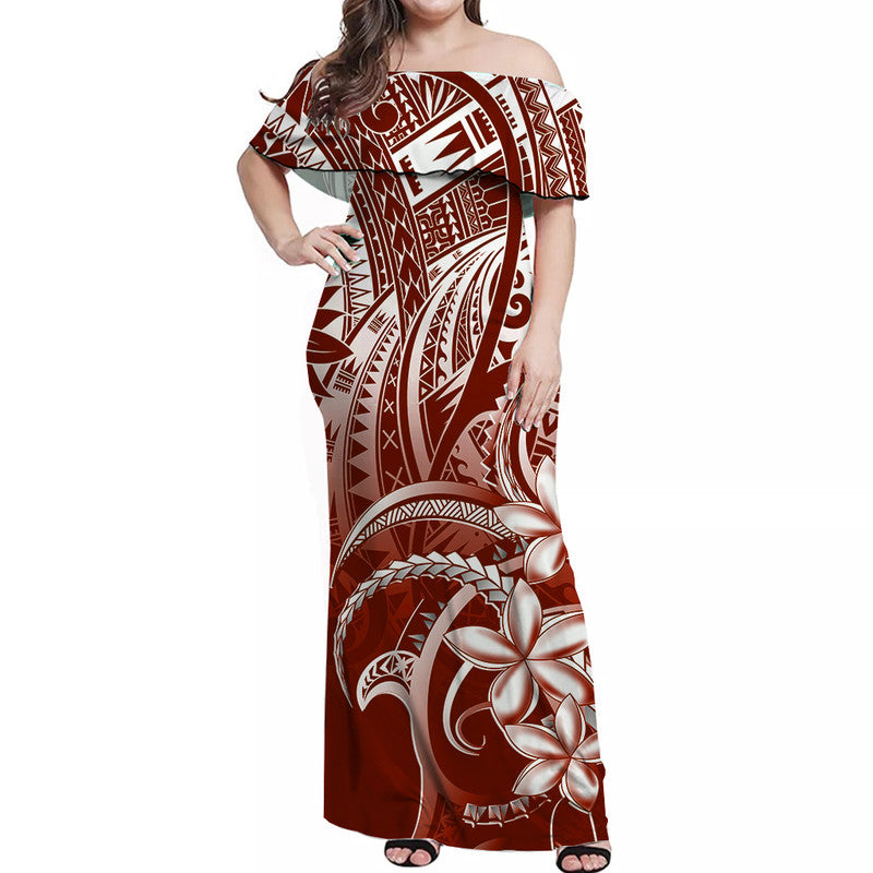 Women’s off-shoulder long dress with tribal print, red and white panels