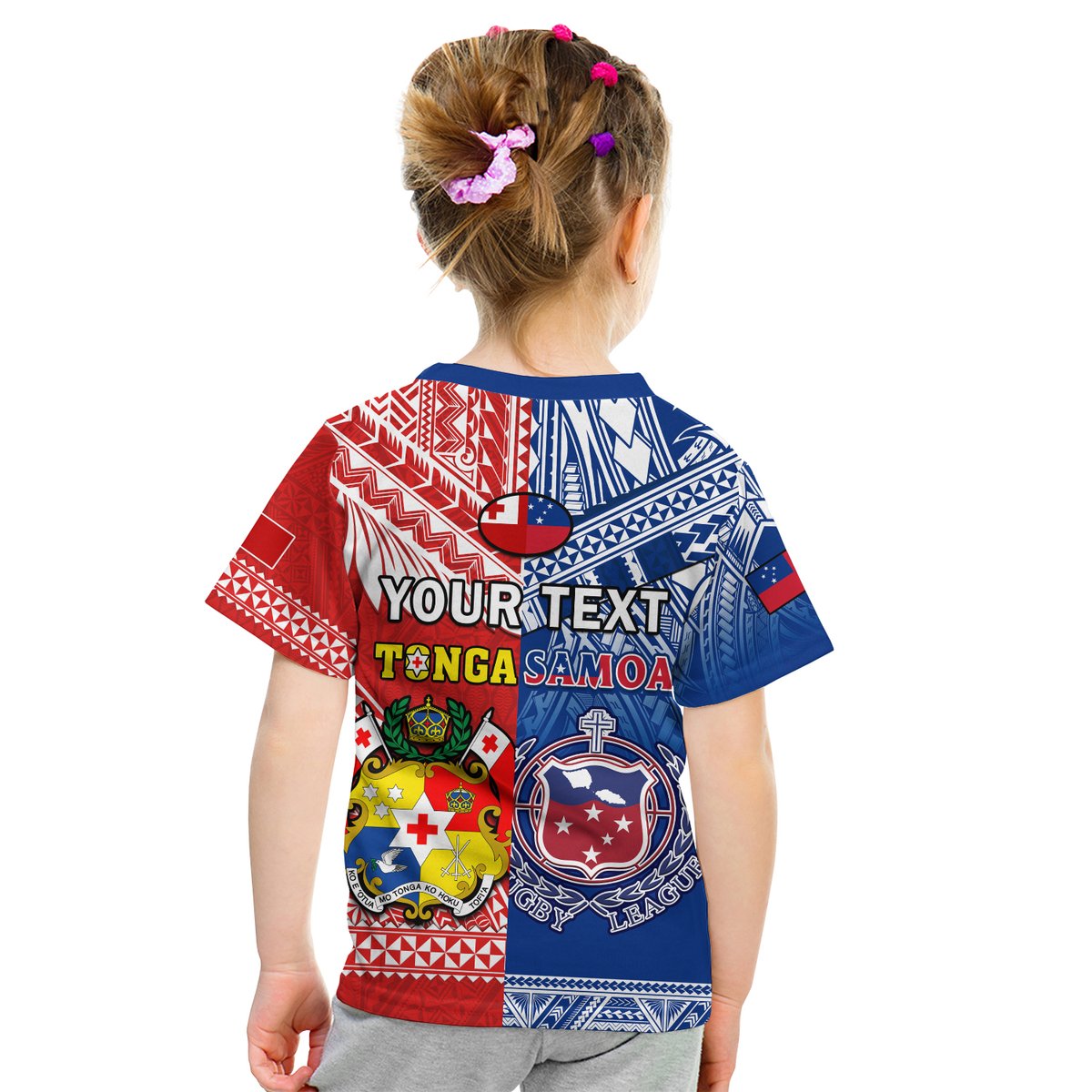 Back of kids polynesian rugby T-shirt with 'YOUR TEXT' and crest graphic