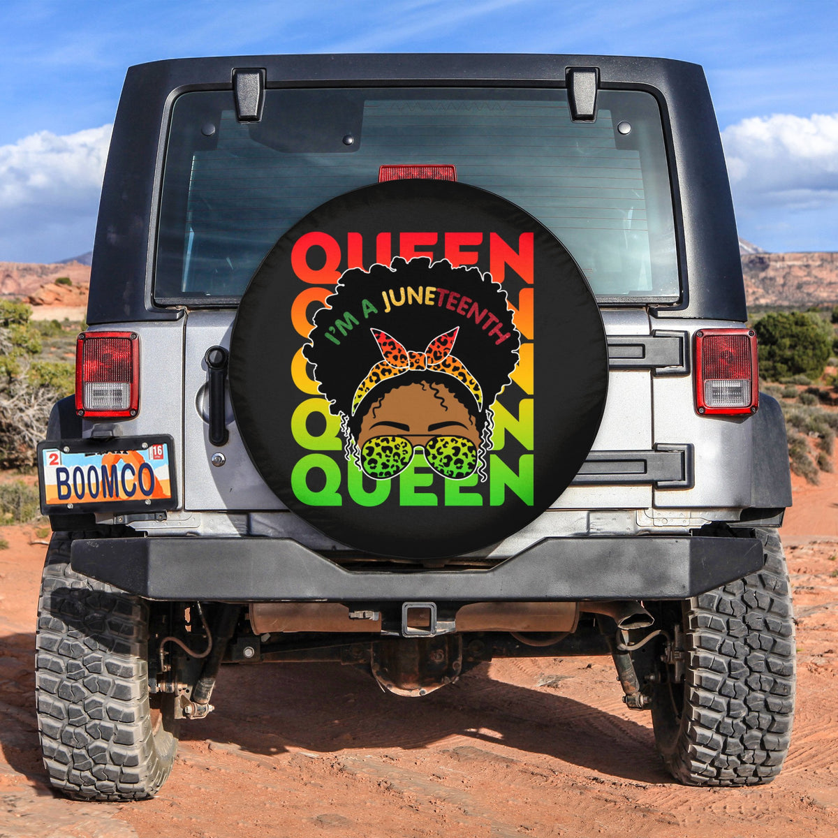 Spare tire cover, round black design with colorful Juneteenth Queen graphic and wreath
