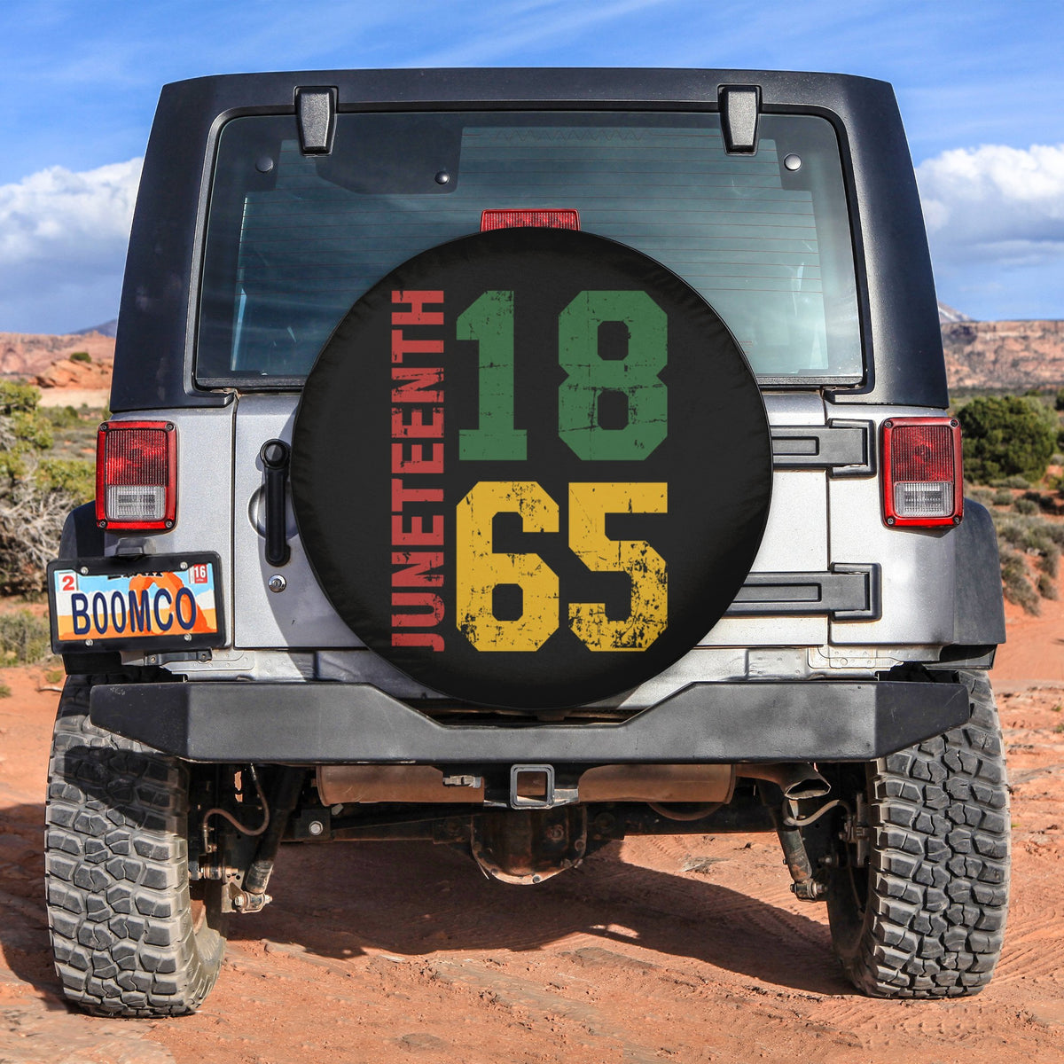 Black Juneteenth 1865 spare tire cover with bold 1865 and Juneteenth text