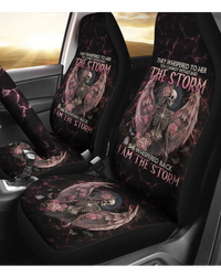 Car seat cover featuring dark rose and skeleton artwork for front seats
