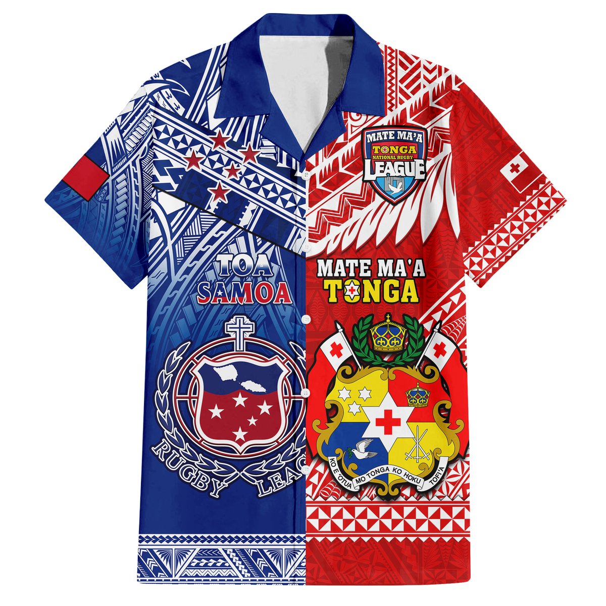 Blue and red Polynesian rugby Hawaiian shirt with open collar, geometric pattern front