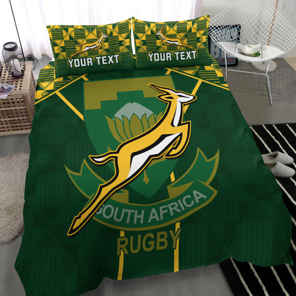 Green rugby bedding set, large emblem print with 'YOUR TEXT' on two matching pillows