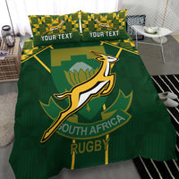 Green rugby bedding set, large emblem print with 'YOUR TEXT' on two matching pillows