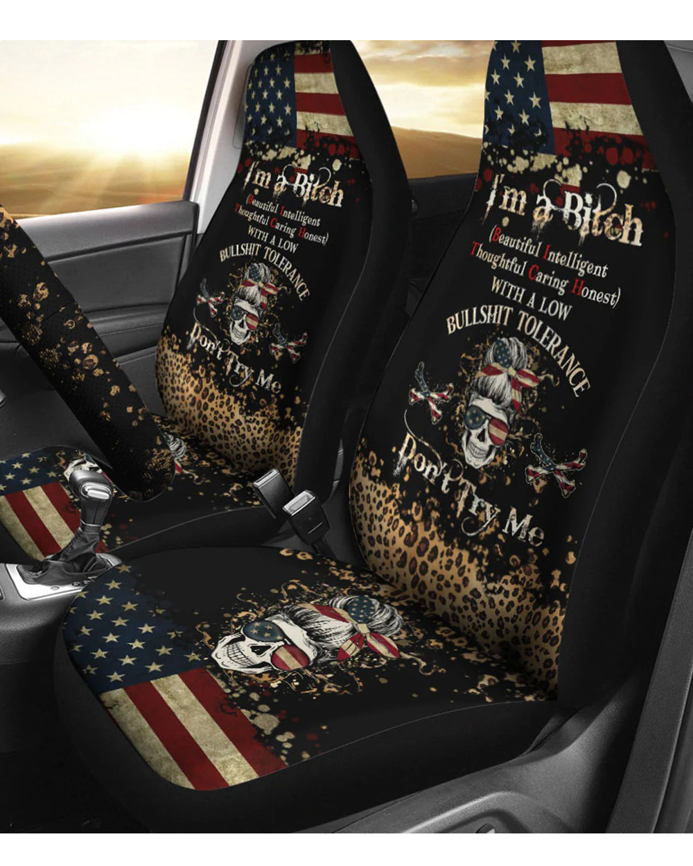 Black car seat cover with skull graphic, leopard pattern, and patriotic stars stripes