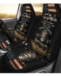 Black car seat cover with skull graphic, leopard pattern, and patriotic stars stripes