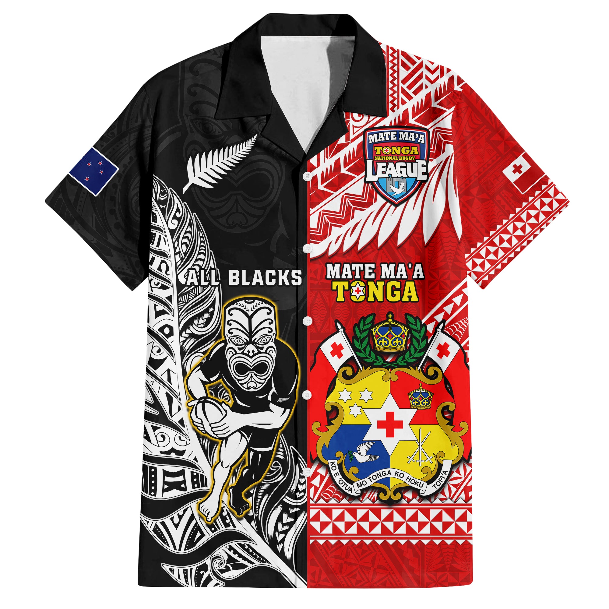 (Custom Personalised) Mate Maa Tonga And All Black Rugby Hawaiian Shirt Polynesian Mix NZ Maori Fern - Wonder Print Shop