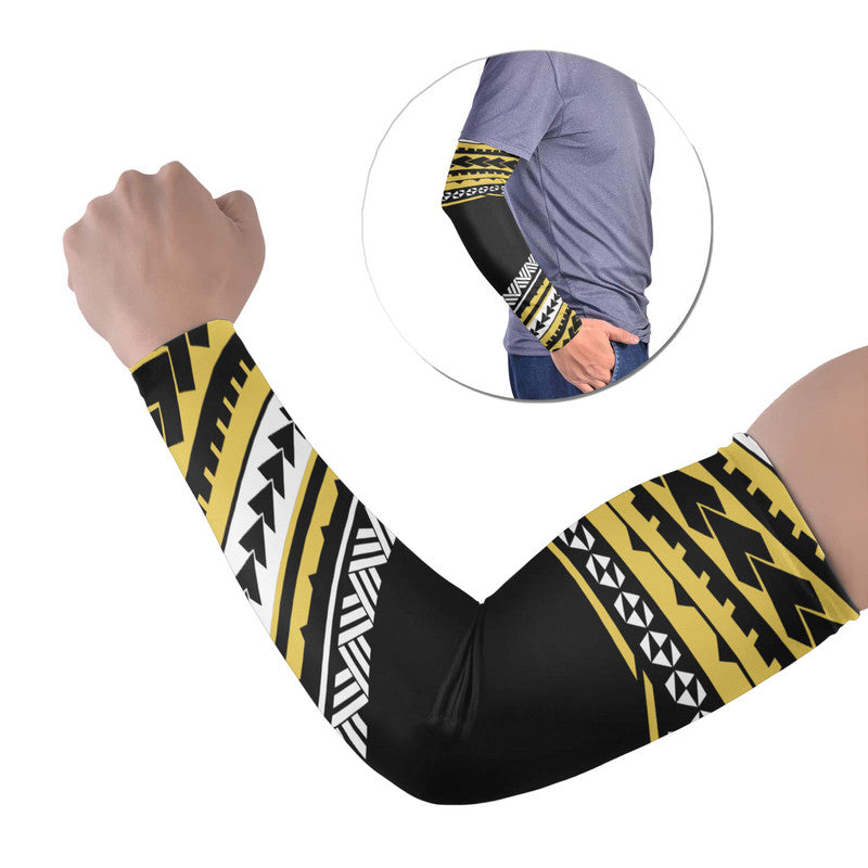 Black arm sleeves with gold geometric Polynesian pattern, set of 2, long coverage